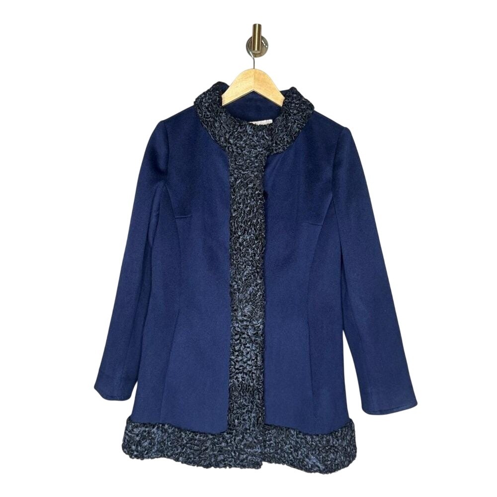 Vintage Wool Blend Coat Astrakhan Trim Quiet Luxury Navy‎ Jacket